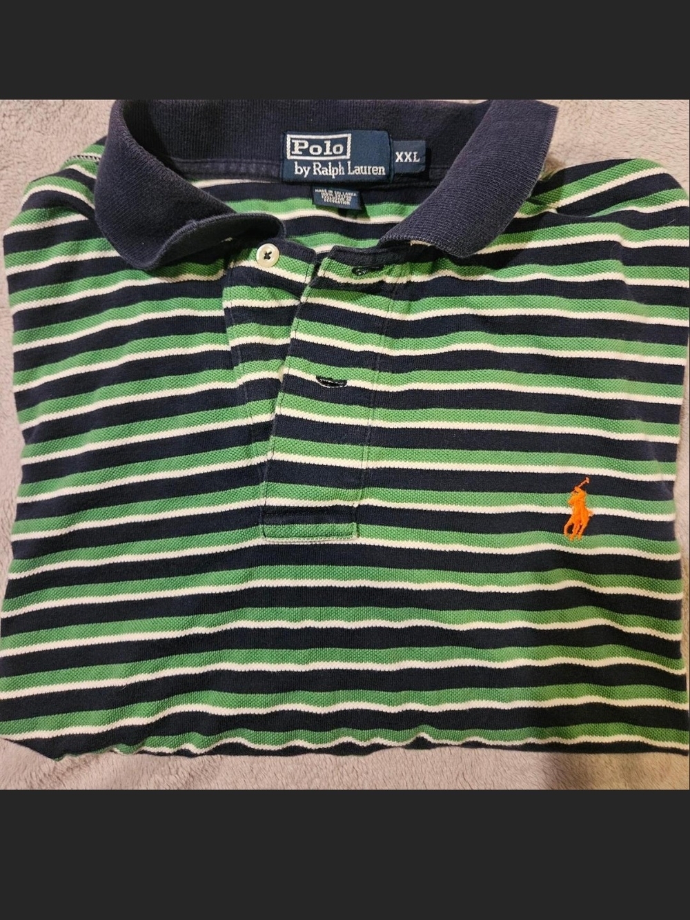 Classic Ralph Lauren Boys Green & Navy Striped Polo with Orange Pony